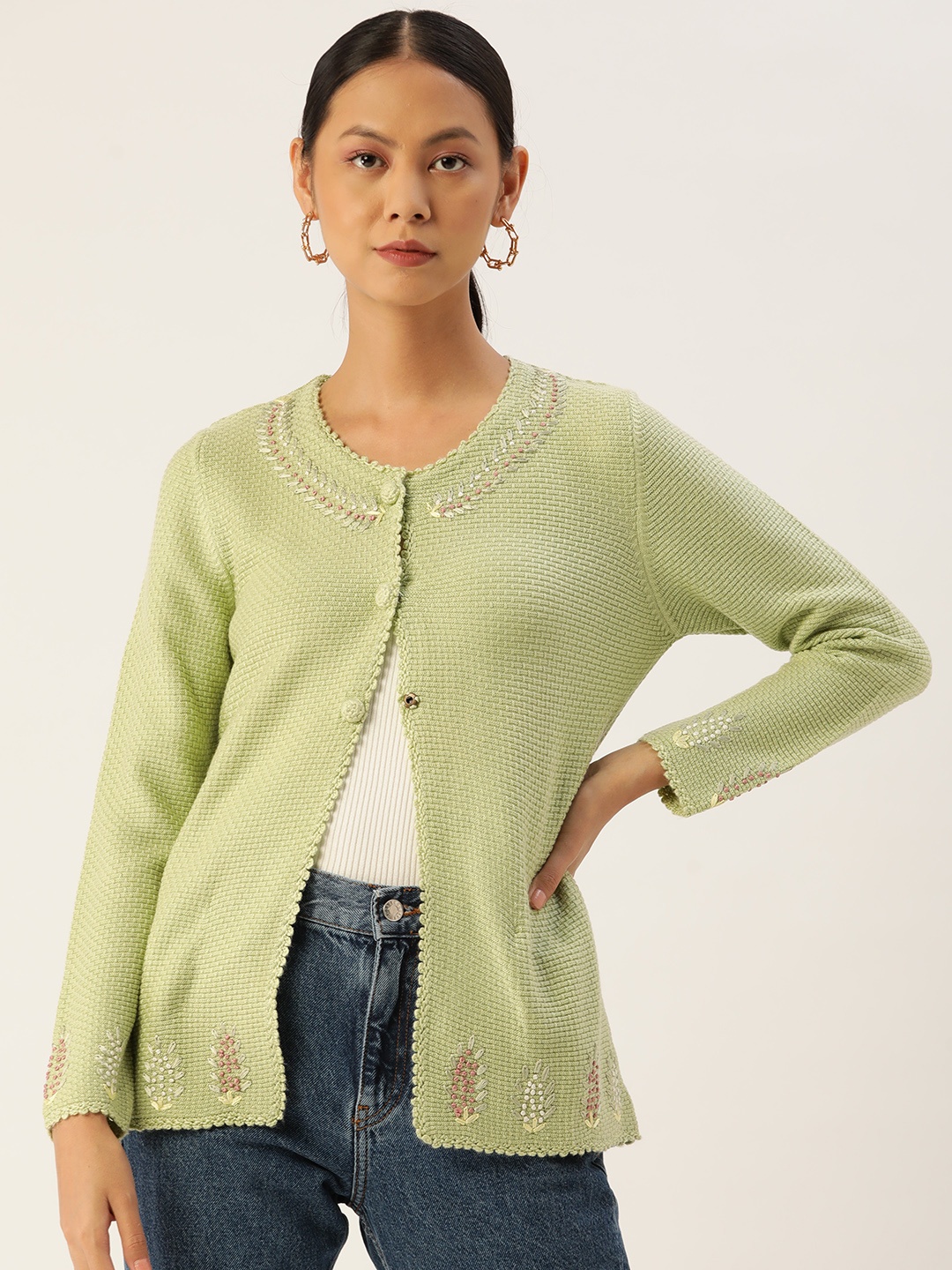 

APSLEY Women Sea Green Cable Knit Cardigan
