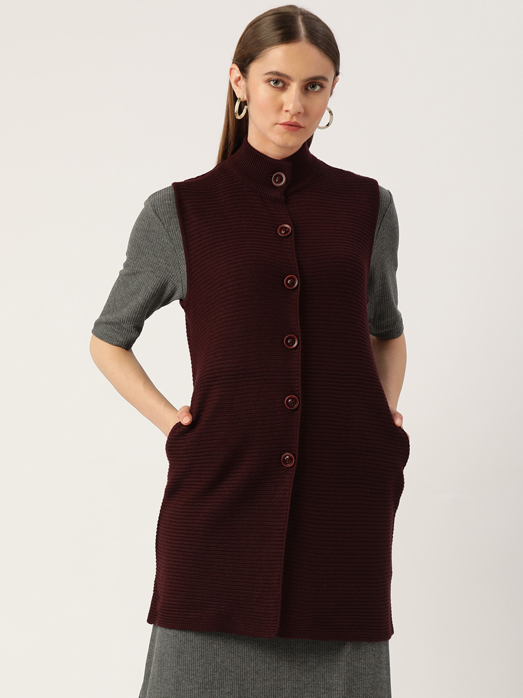 

APSLEY Women Burgundy Striped Longline Cardigan