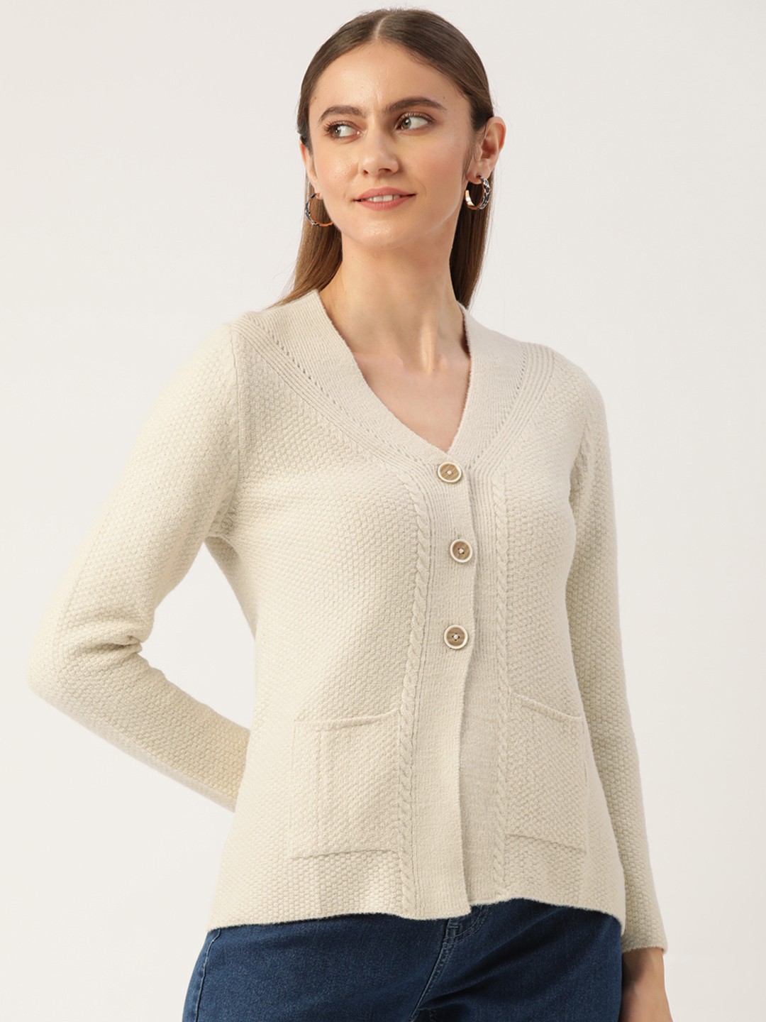 

APSLEY Women Beige Cable Knit Cardigan