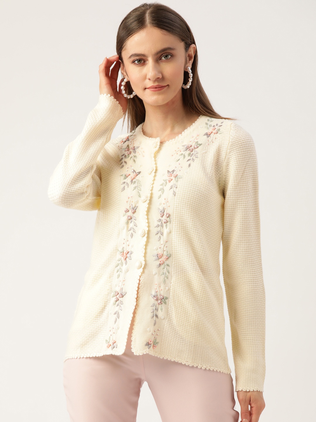 

APSLEY Women Off White Floral Cardigan with Embellished Detail