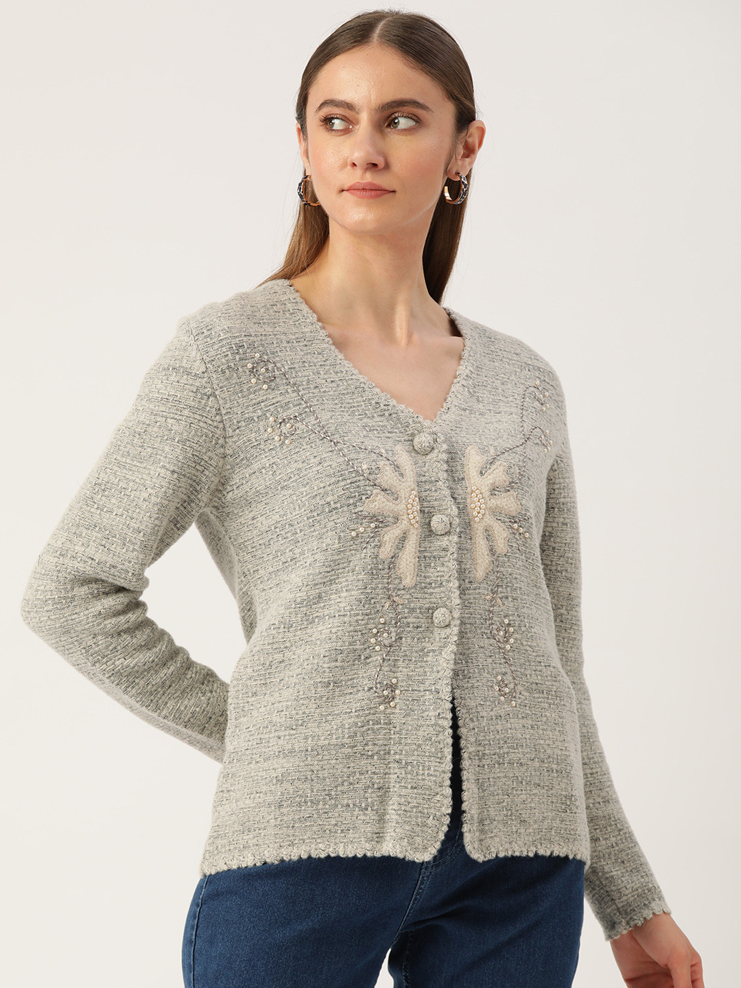 

APSLEY Women Grey Floral Cardigan with Embroidered Detail