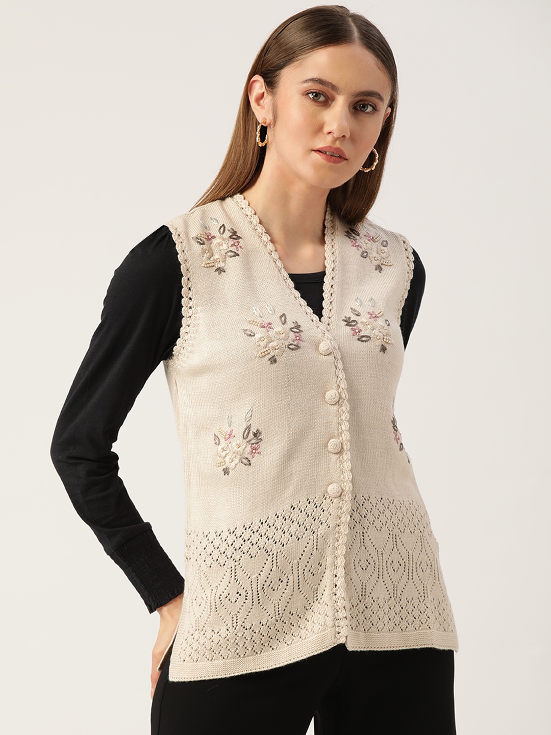 

APSLEY Women Beige Floral Cardigan