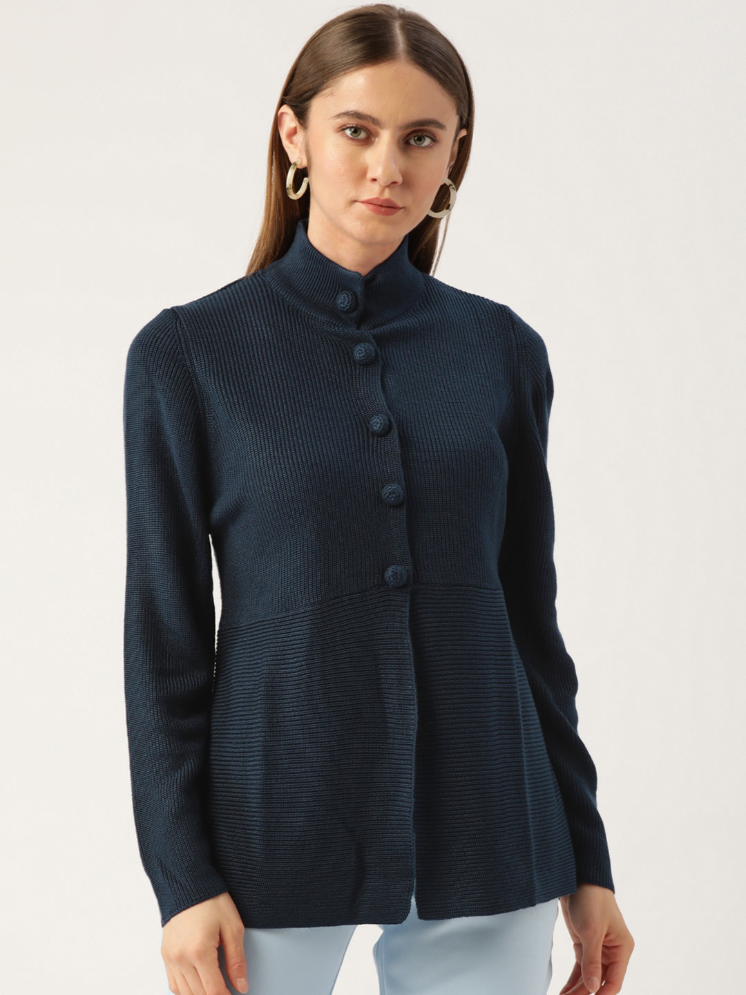 

APSLEY Women Navy Blue Ribbed Cardigan