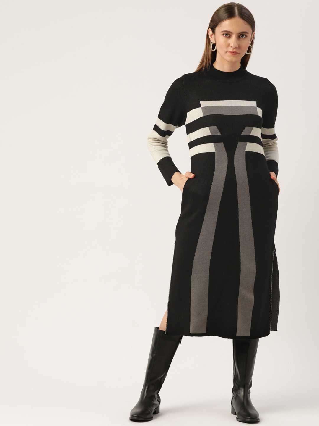 

APSLEY Black & White Striped Midi Jumper Dress