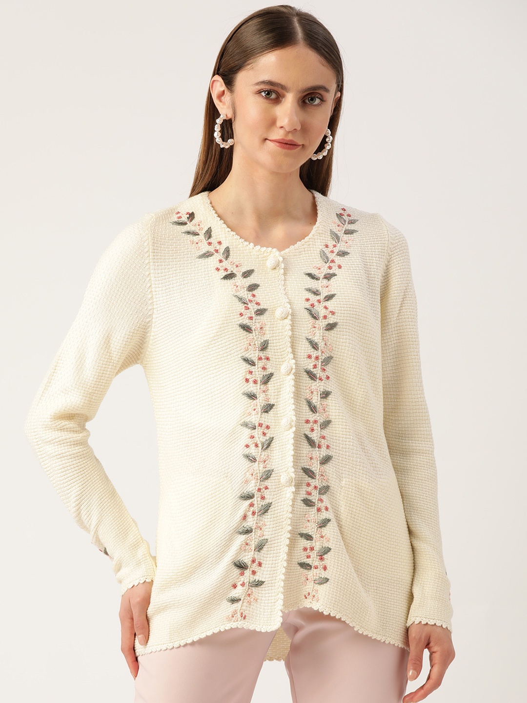 

APSLEY Women Off White Floral Cardigan