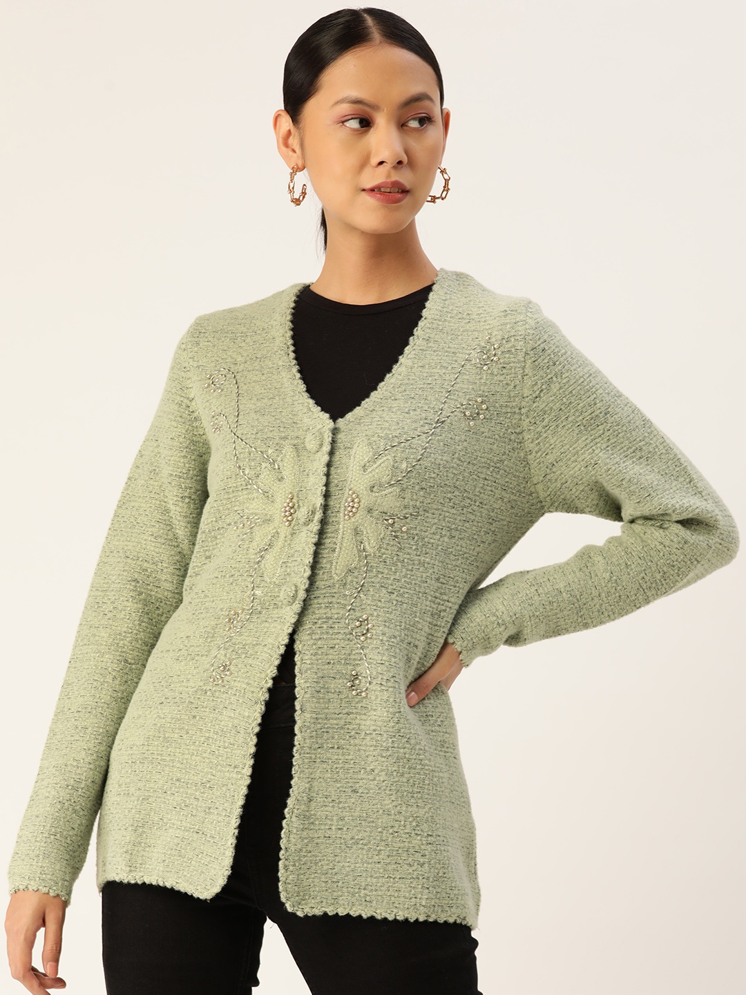 

APSLEY Women Sea Green Floral Cardigan with Embellished Detail