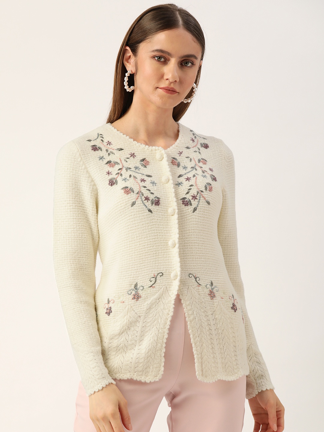 

APSLEY Women Off White Floral Cardigan