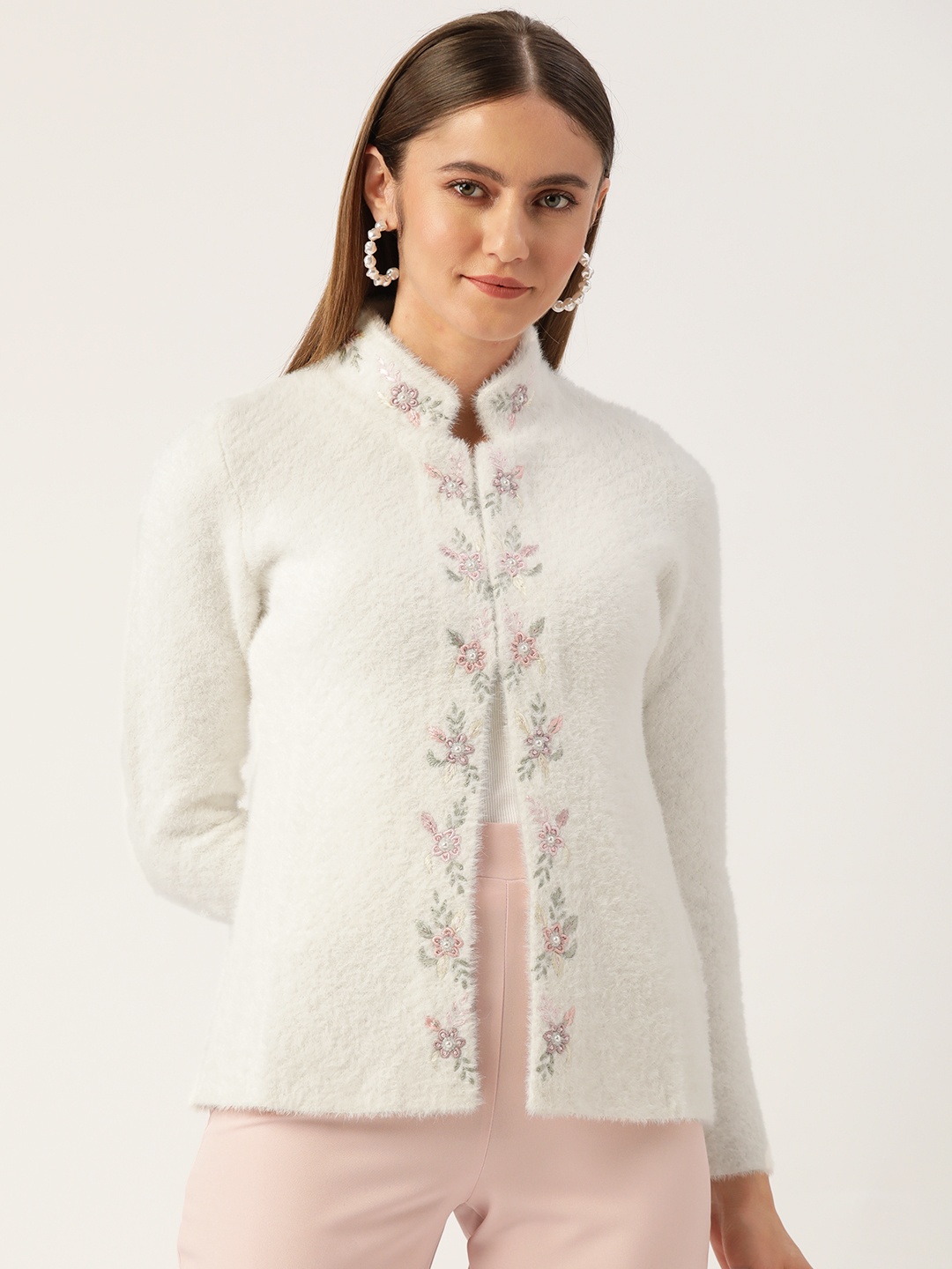 

APSLEY Women Off White Floral Cardigan with Embellished Detail