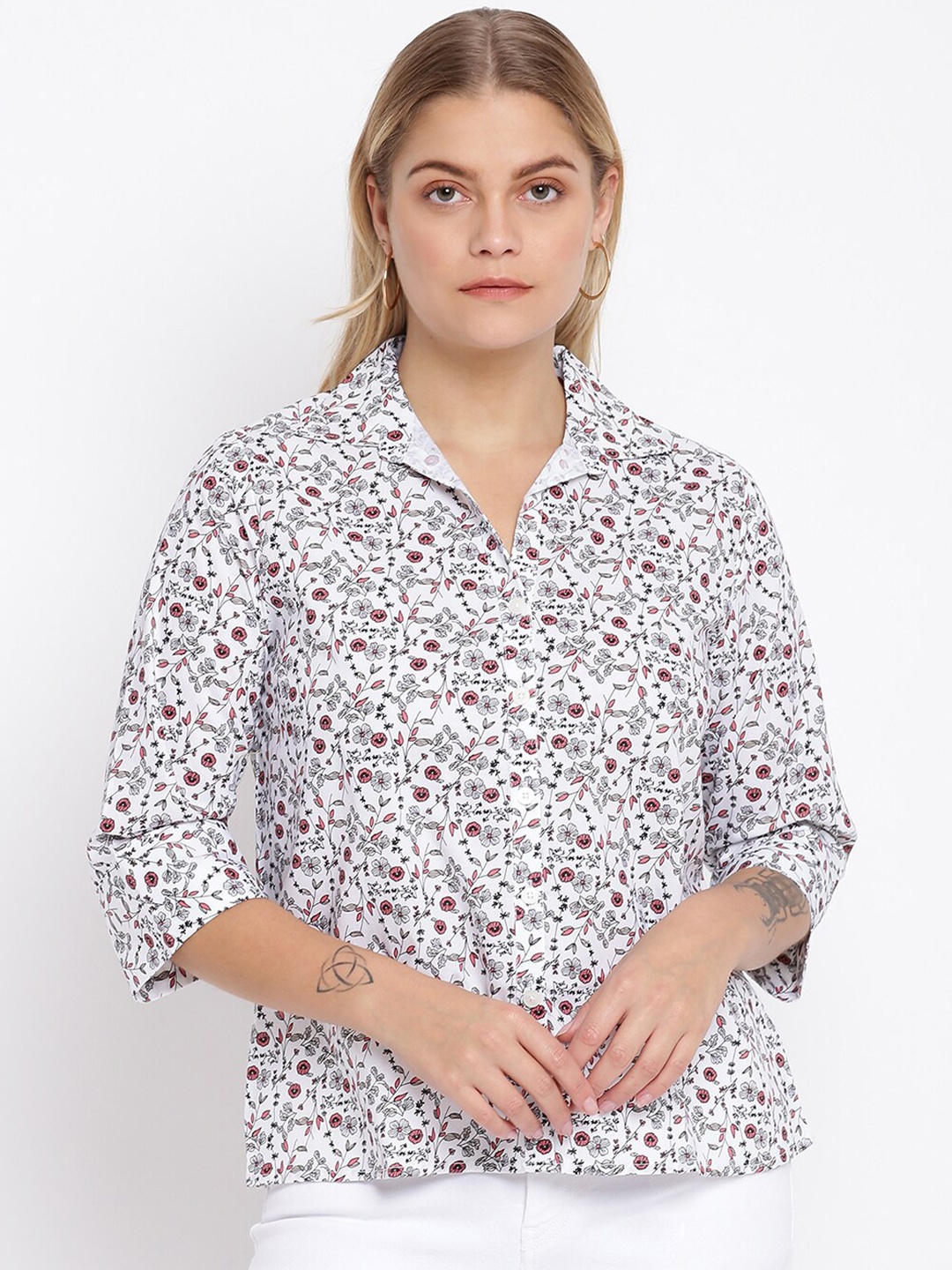 

abof White & Pink Floral Print Shirt Style Top