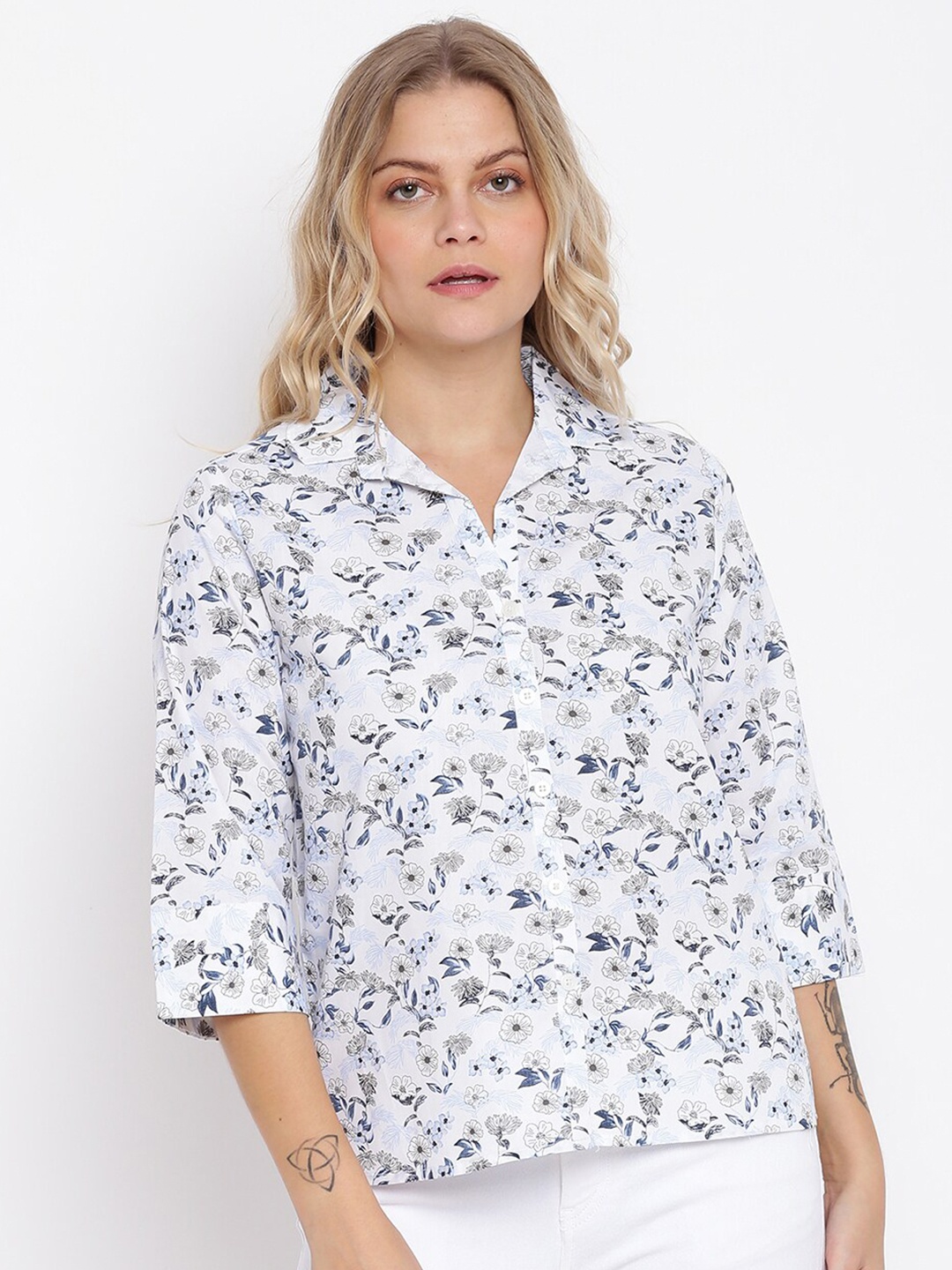 

abof White & Blue Floral Print Shirt Style Top