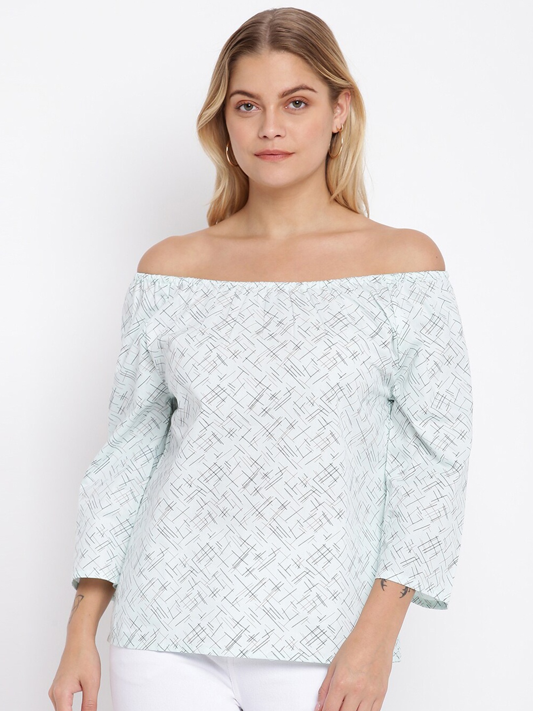 

abof Off White & Black Print Off-Shoulder Bardot Top