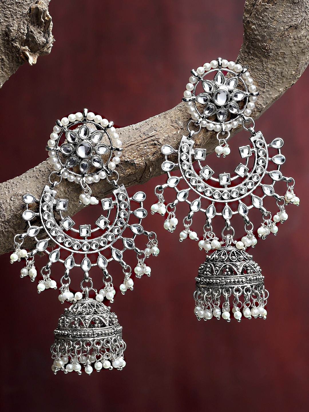

KARATCART Silver-Plated & White Classic Kundan Jhumkas Earrings