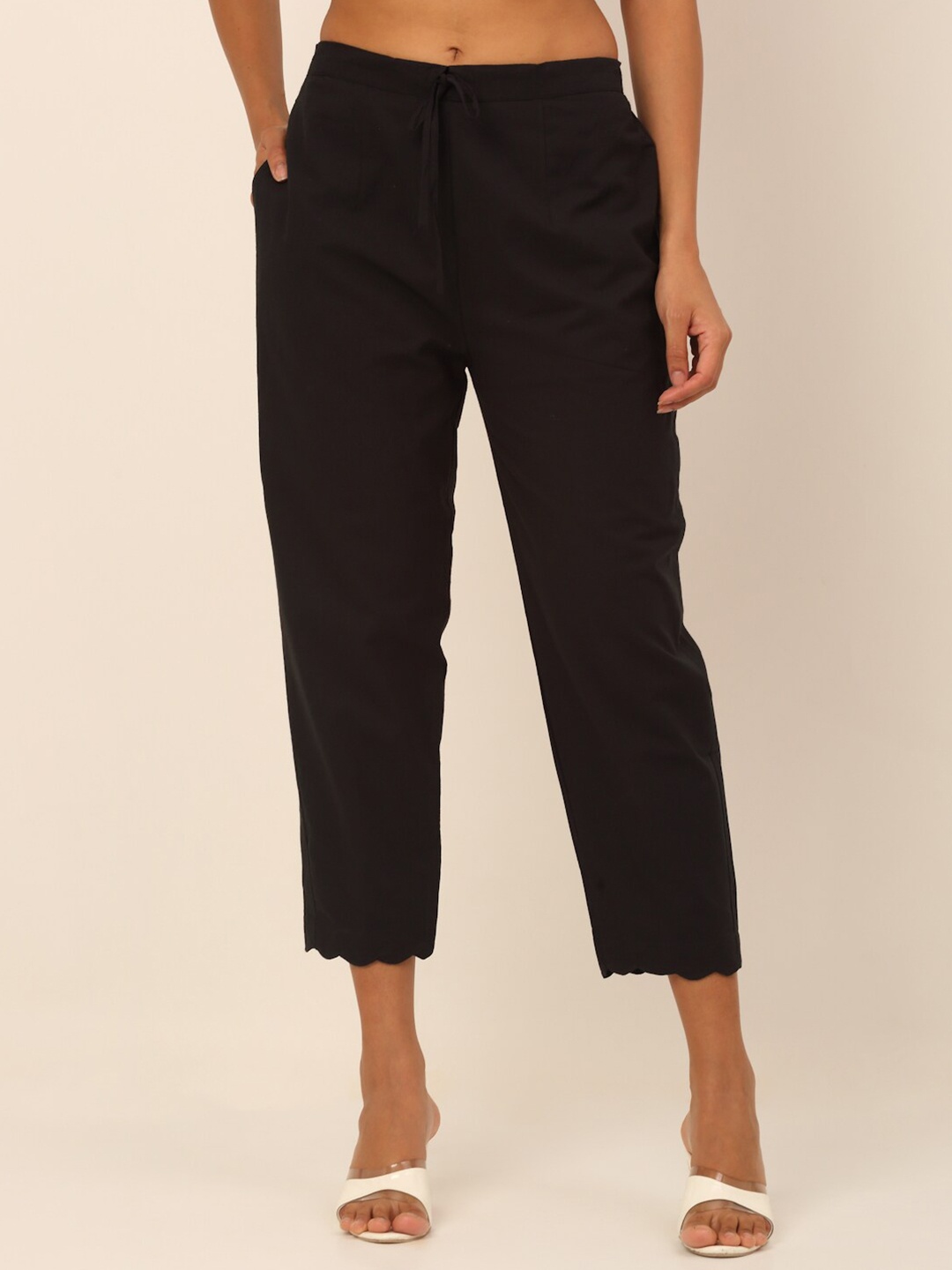 

Laado - Pamper Yourself Women Black Cotton Cutwork Knitted Palazzos