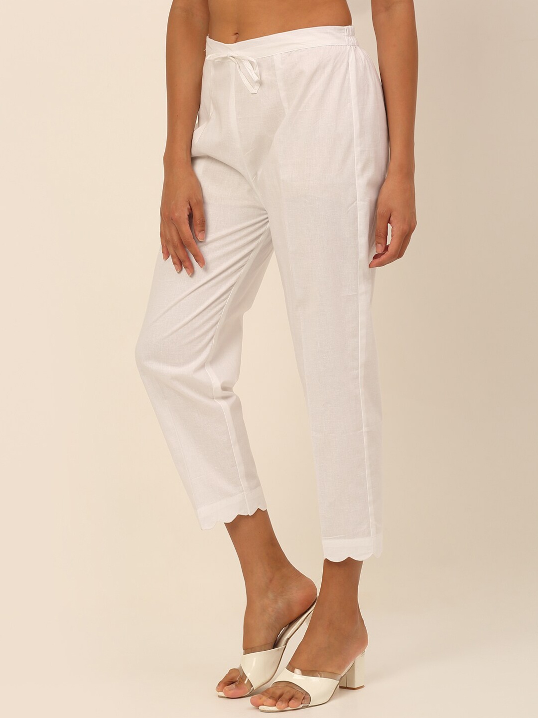

Laado - Pamper Yourself Women White Cotton Solid Cutwork Knitted Palazzos