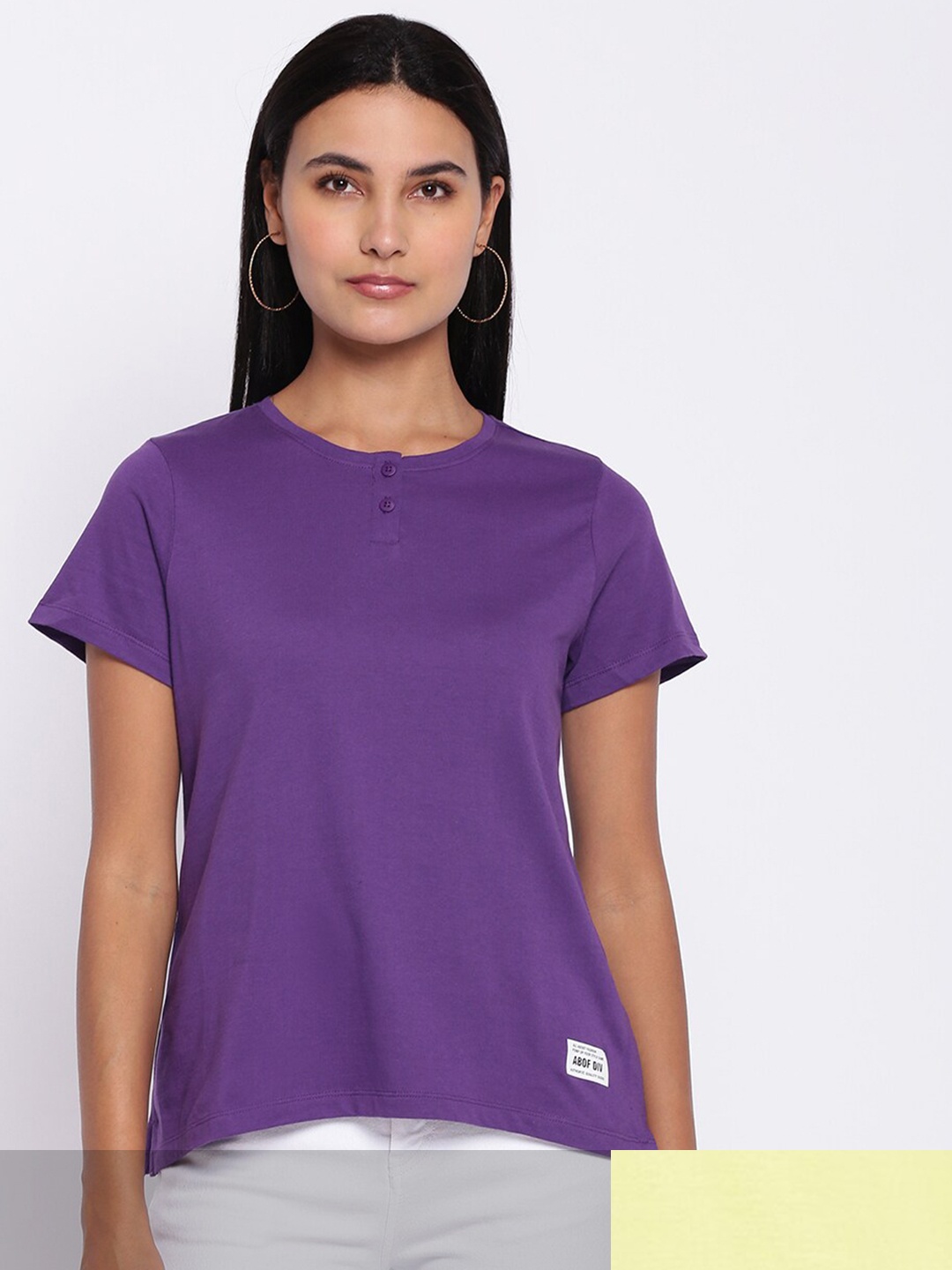

abof Women Pack of 2 Purple & Yellow Henley Neck Applique T-shirt