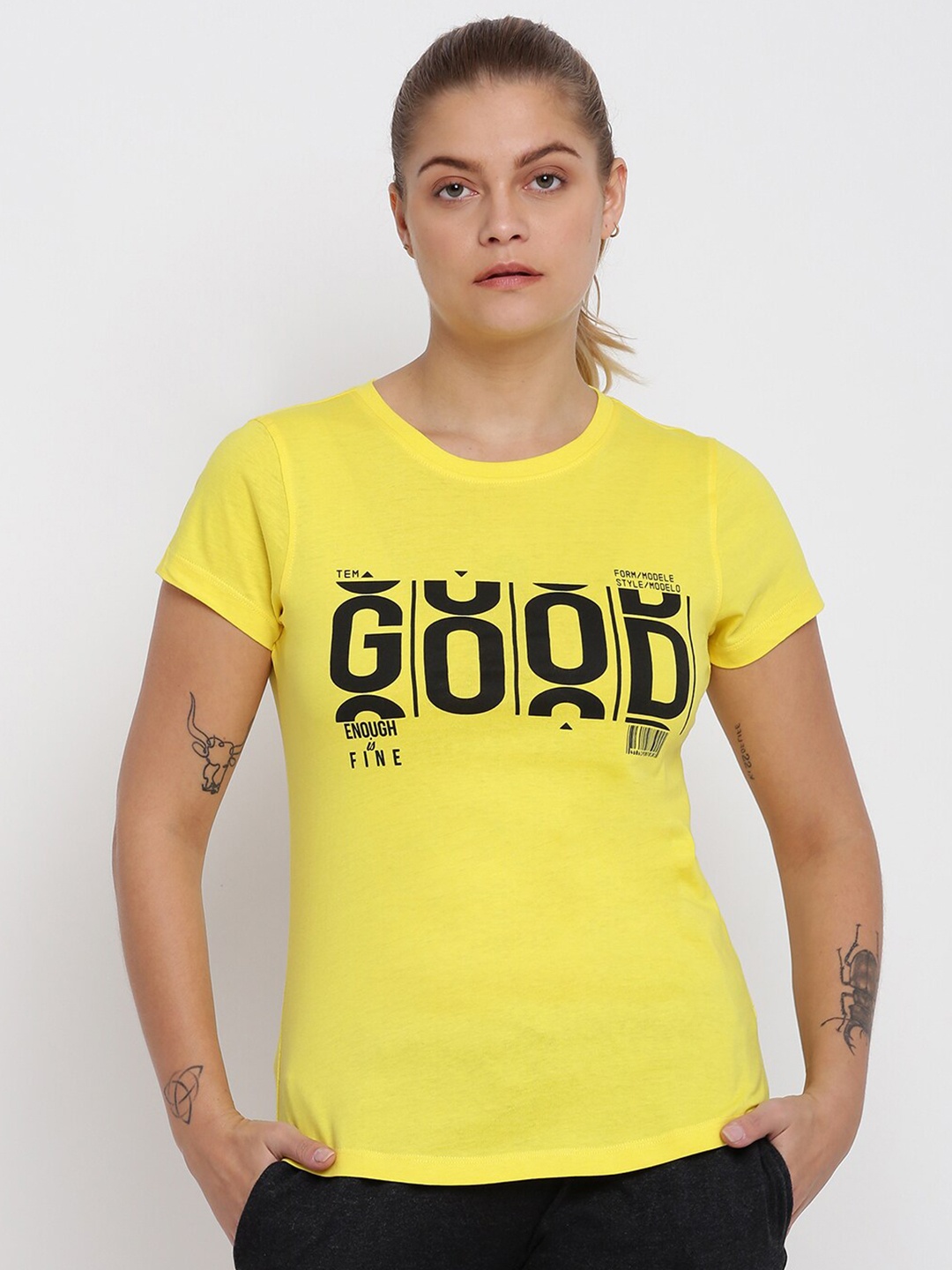 

abof Women Yellow Typography Printed Applique T-shirt