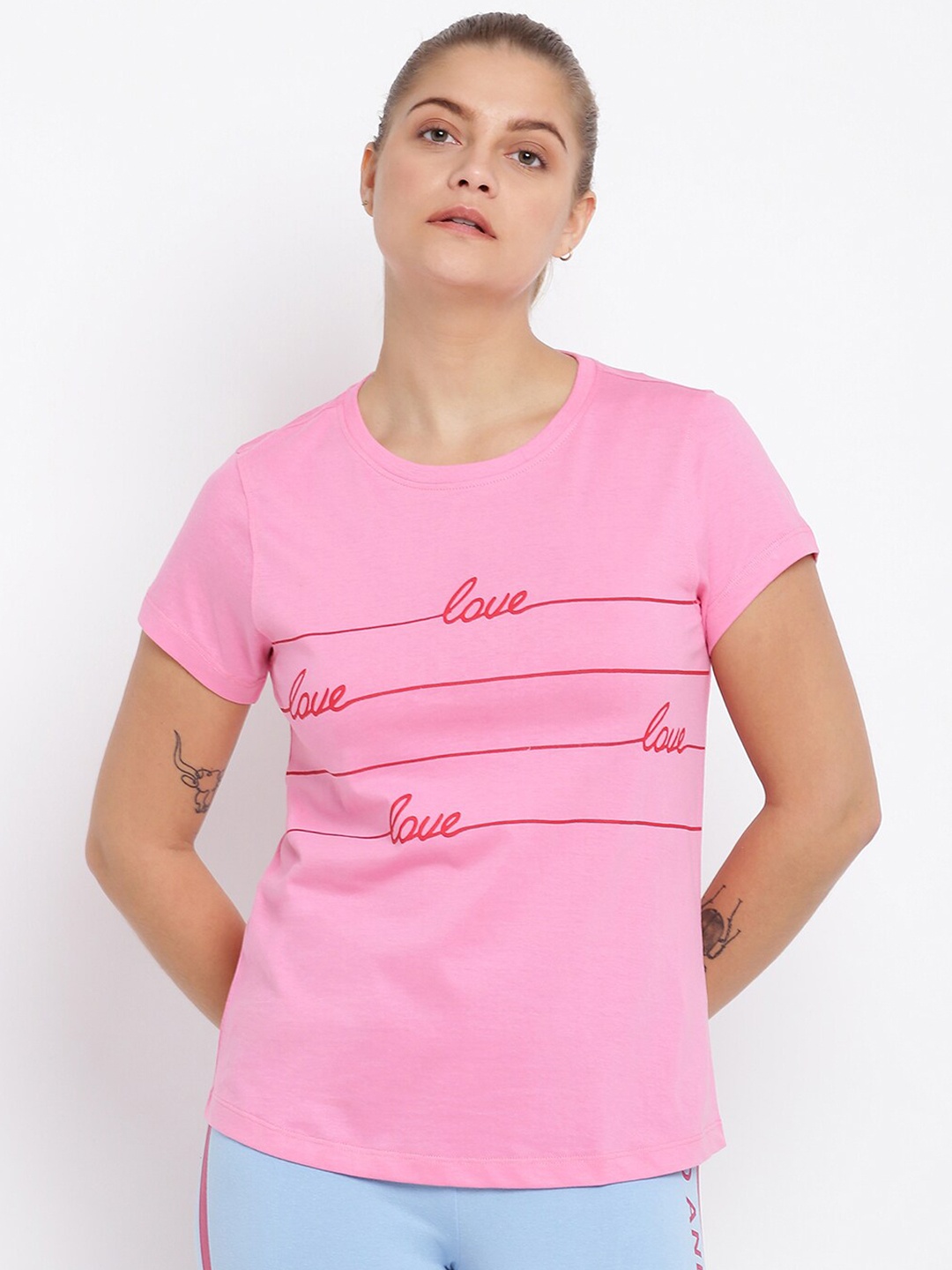 

abof Women Pink Typography Striped T-shirt
