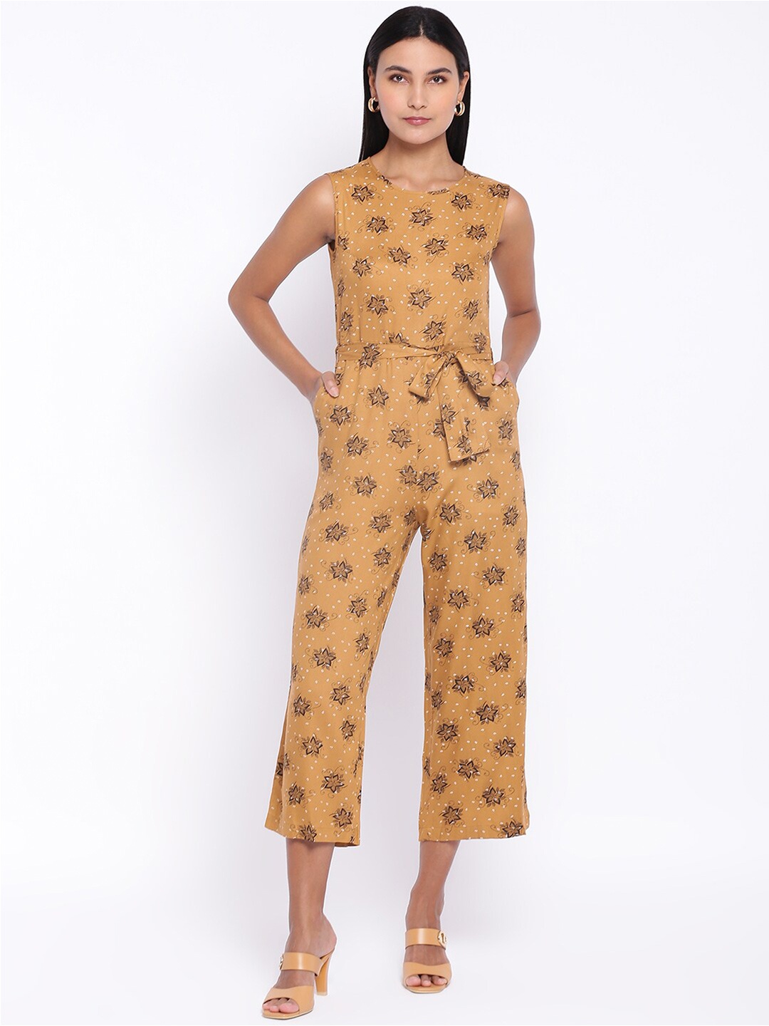 

abof Women Tan Brown And White Floral Printed Basic Cotton Jumpsuit
