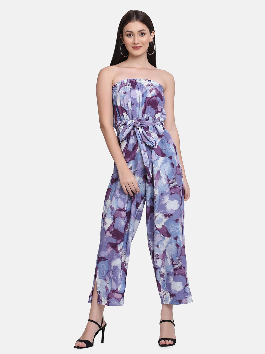 

SAKIA Blue & Burgundy Sleeveless Printed Basic Jumpsuit
