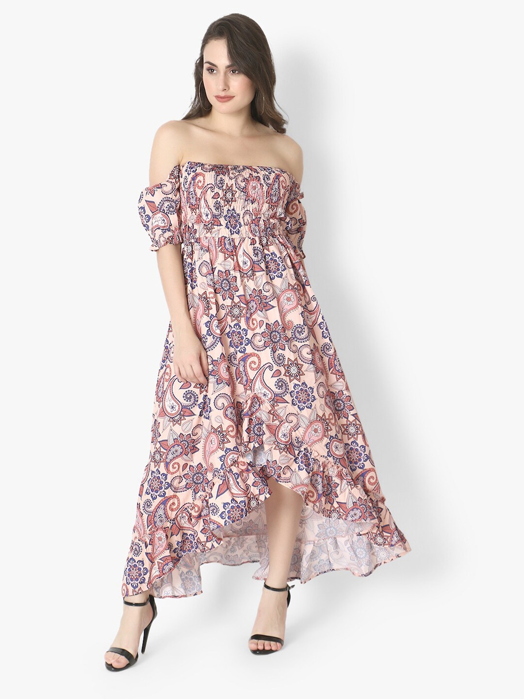 

Again fashions Peach-Coloured & Blue Floral Off-Shoulder Maxi High-Low Dress