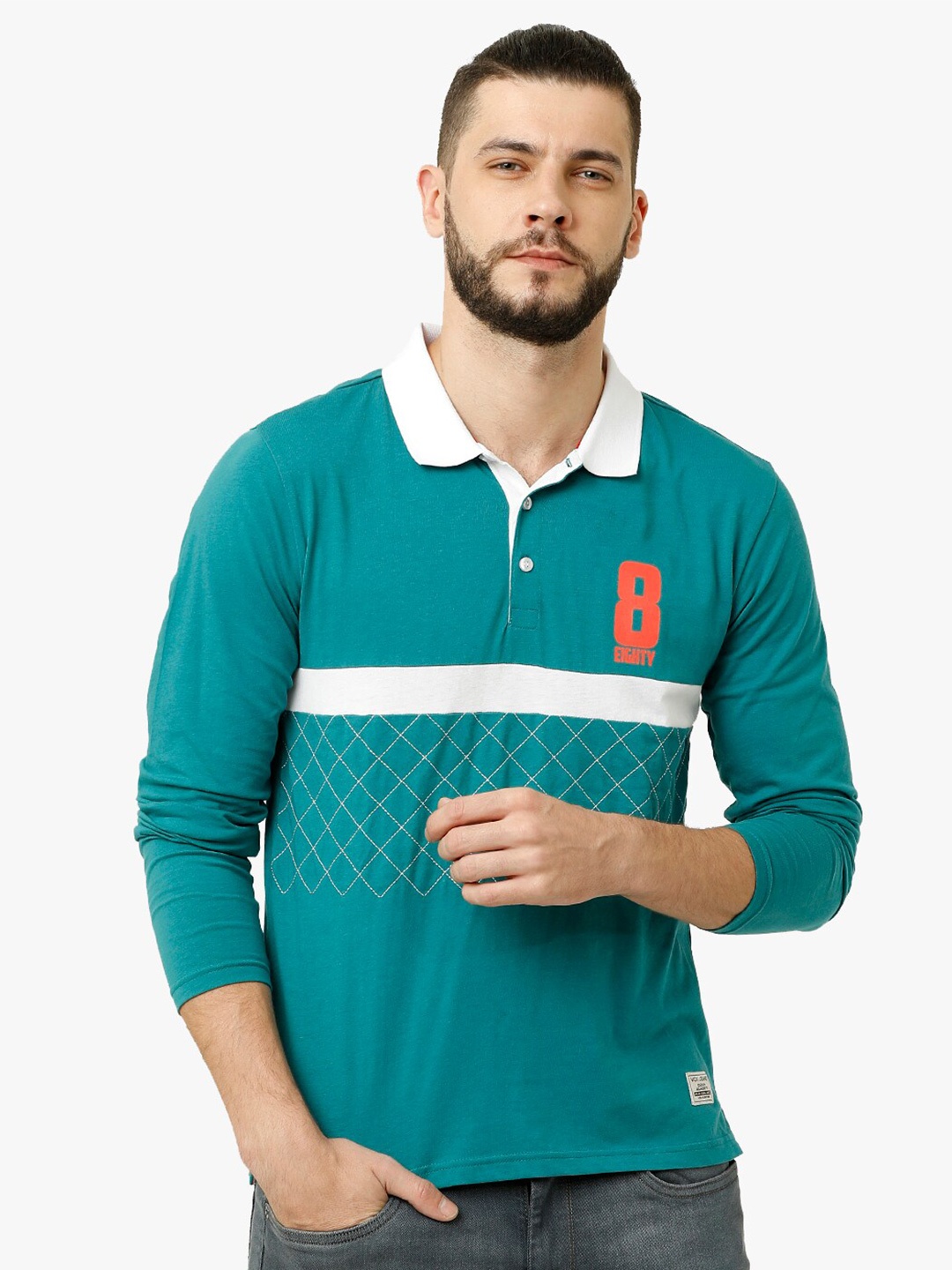 

Voi Jeans Men Green & White Striped Polo Collar T-shirt