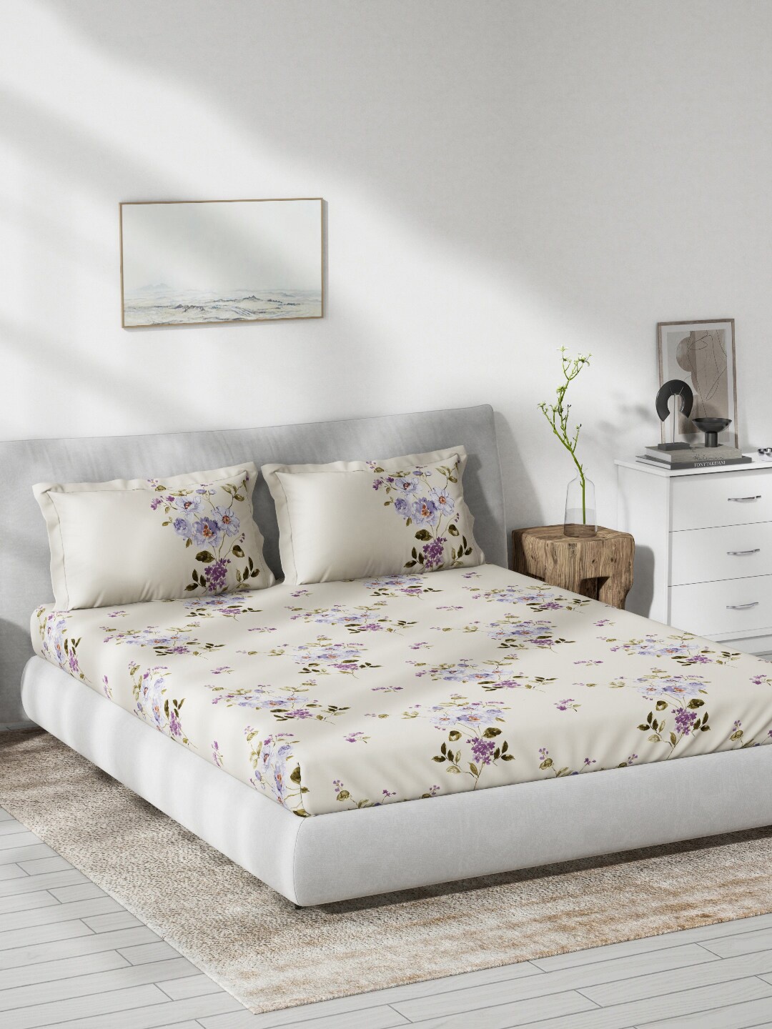 

DDecor 140 TC Floral Print Queen Size Cotton Bedsheet With 2 Pillow Covers, Purple