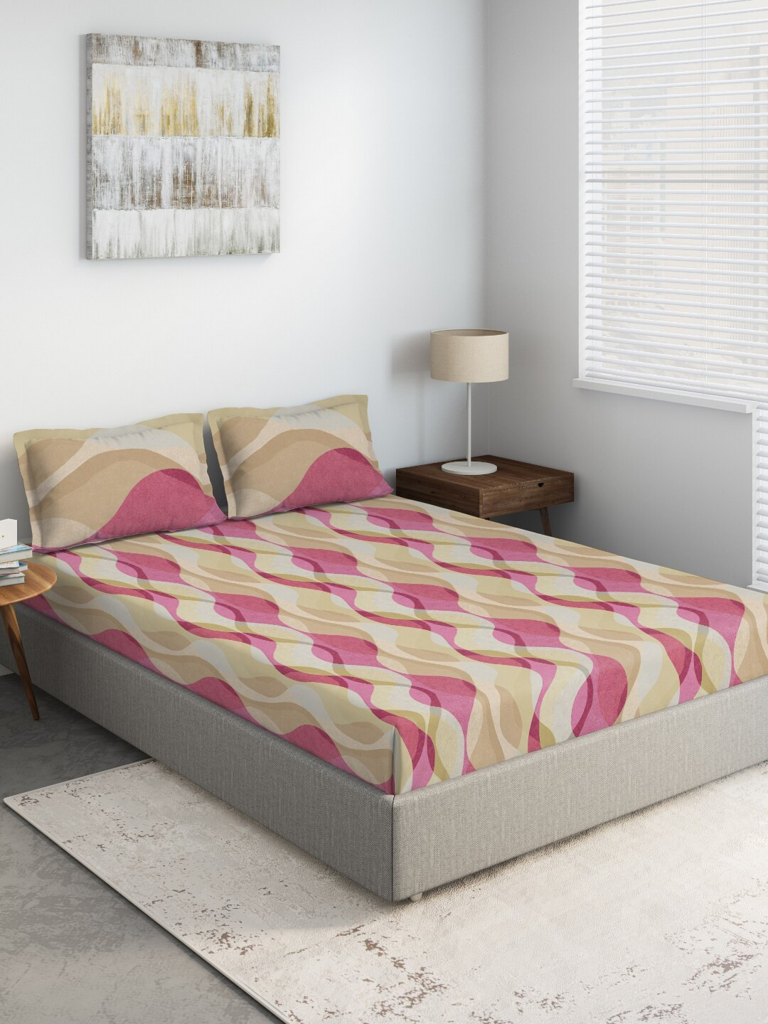 

DDecor 140 TC Geometric Print Queen Size Cotton Bedsheet With 2 Pillow Covers, Pink