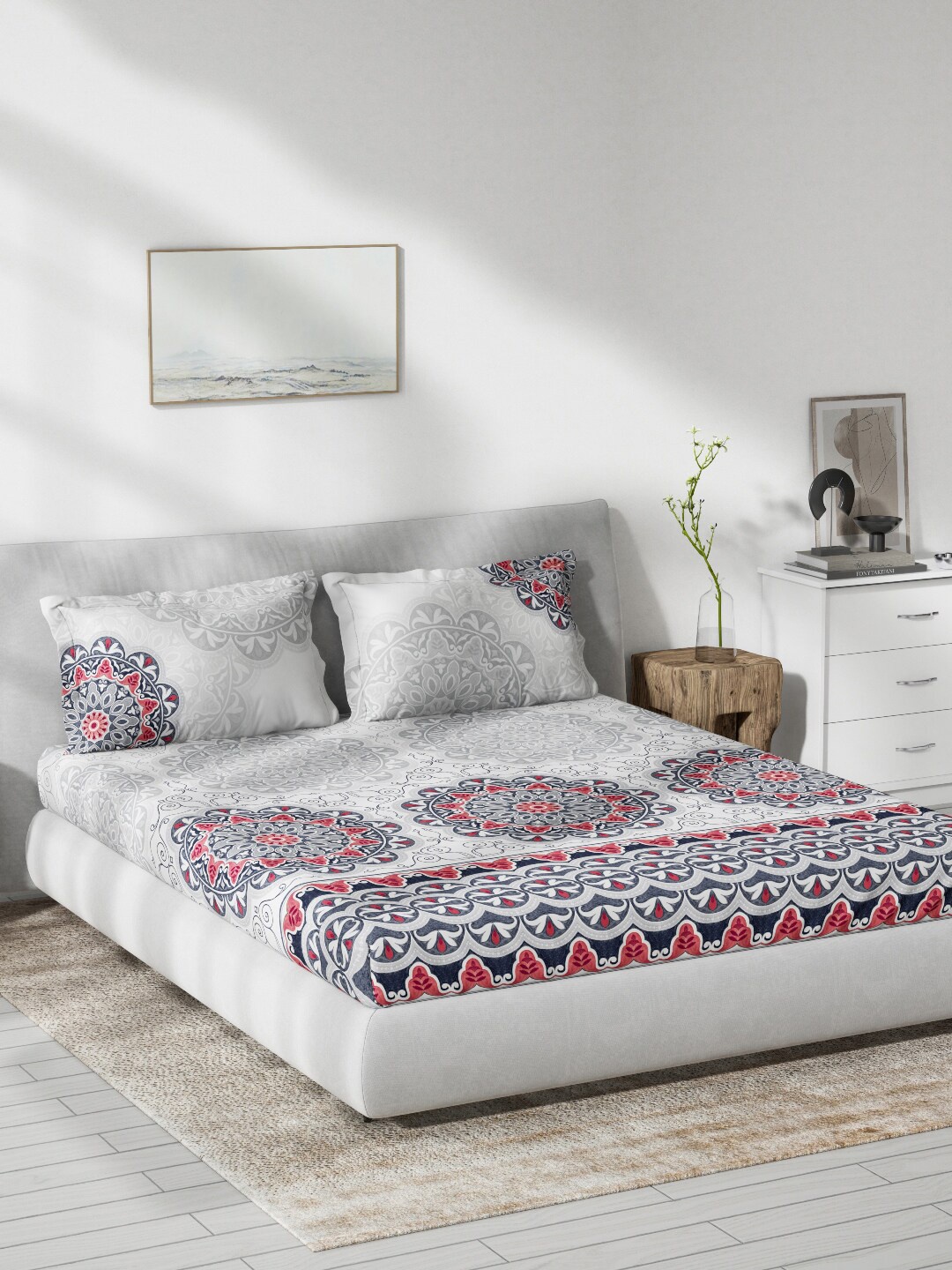 

DDecor 140 TC Ethnic Print Queen Size Cotton Bedsheet With 2 Pillow Covers, Grey