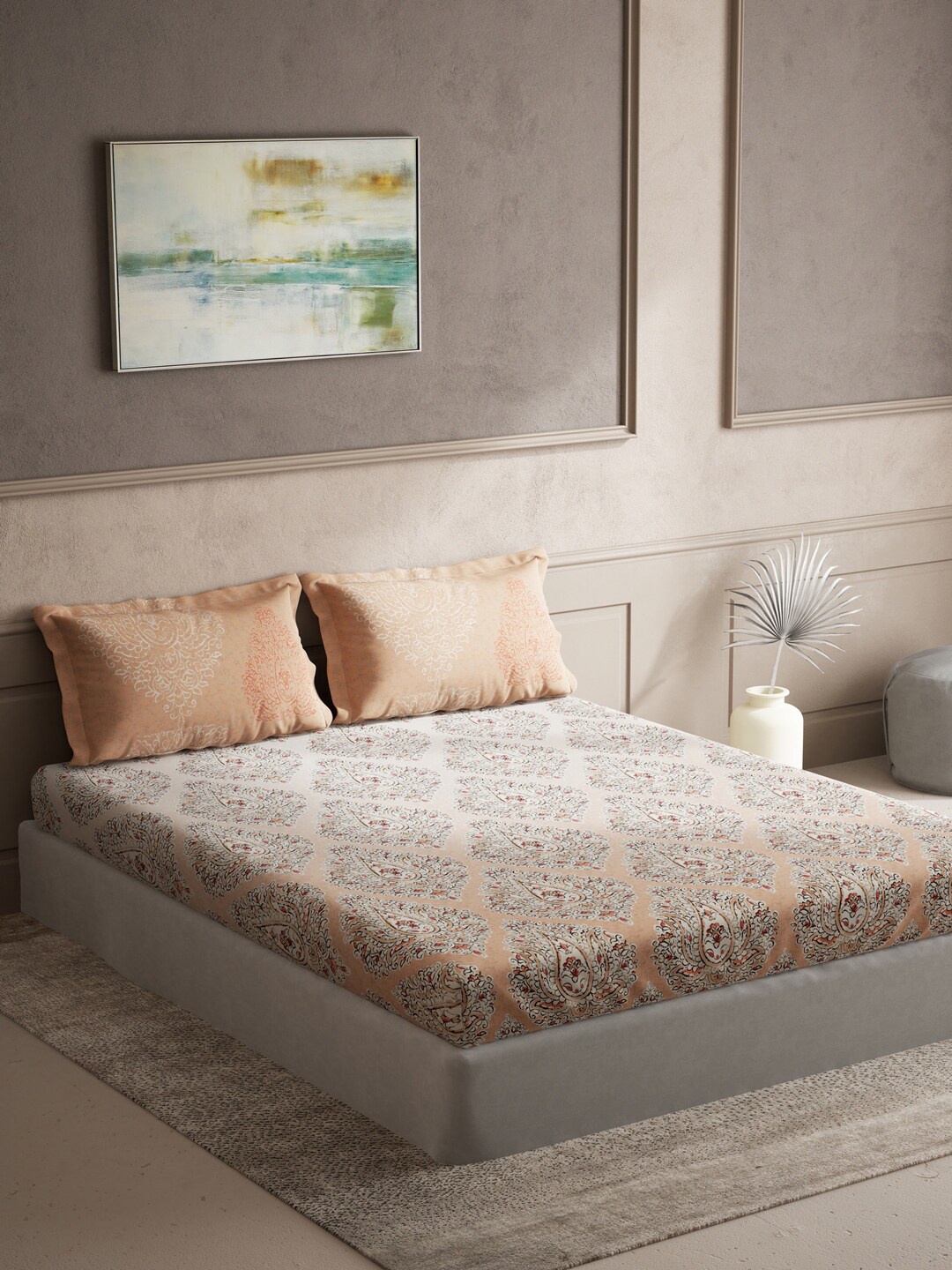 

DDecor 140 TC Ethnic Print Queen Size Cotton Bedsheet With 2 Pillow Covers, Orange