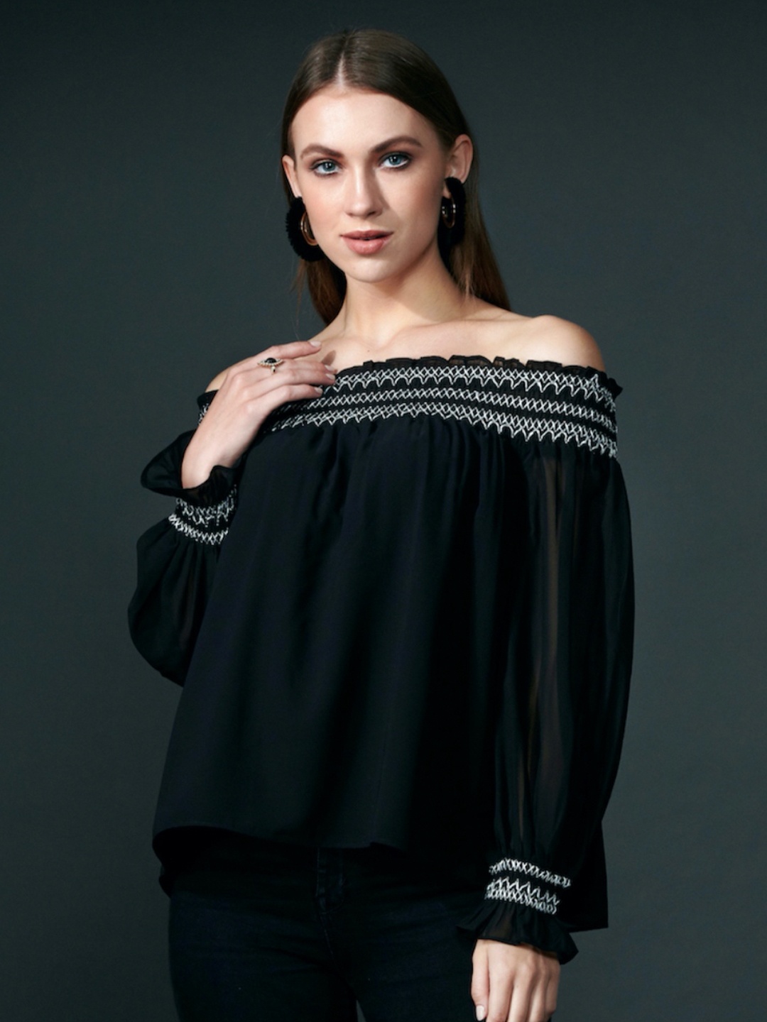 

Style Island Women Black & White Embellished Embroidered Off-Shoulder Bardot Top