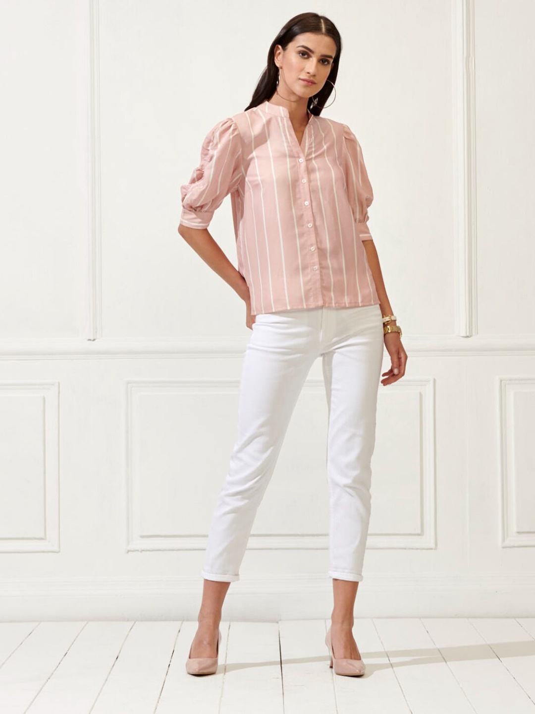 

Style Island Women Pink & White Striped Mandarin Collar Extended Sleeves Shirt Style Top