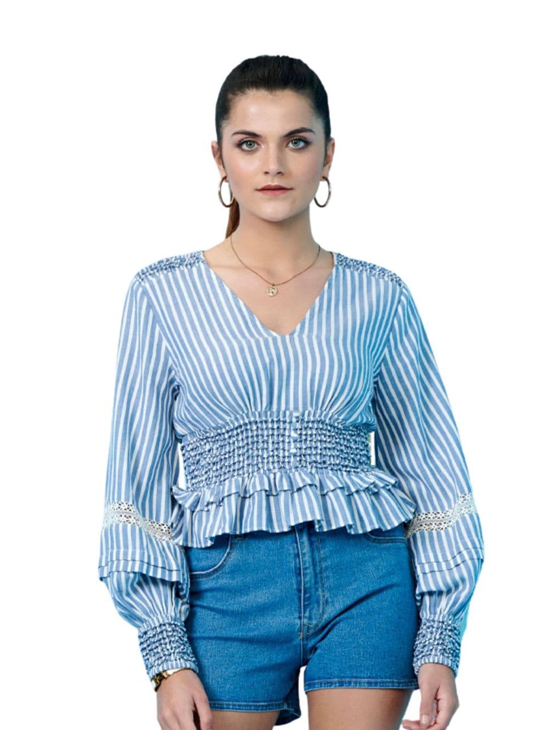 

Style Island WOMEN Blue & White Striped Cinched Waist Pure cotton Top