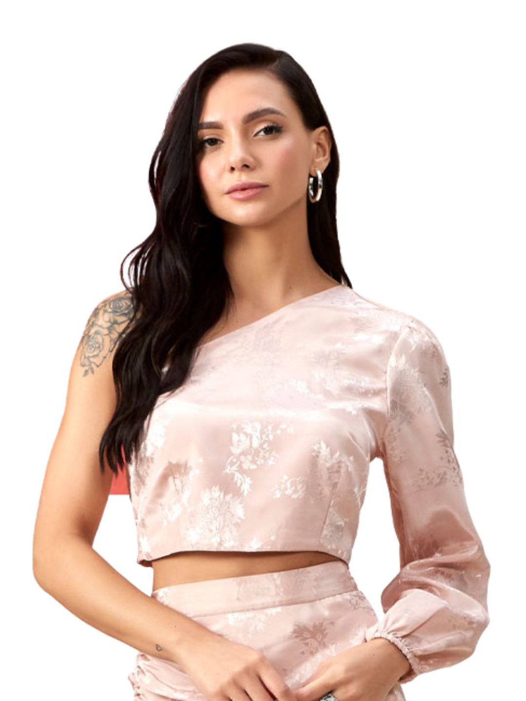 

Style Island Pink & Silver-coloured Floral Print One Shoulder Crop Top