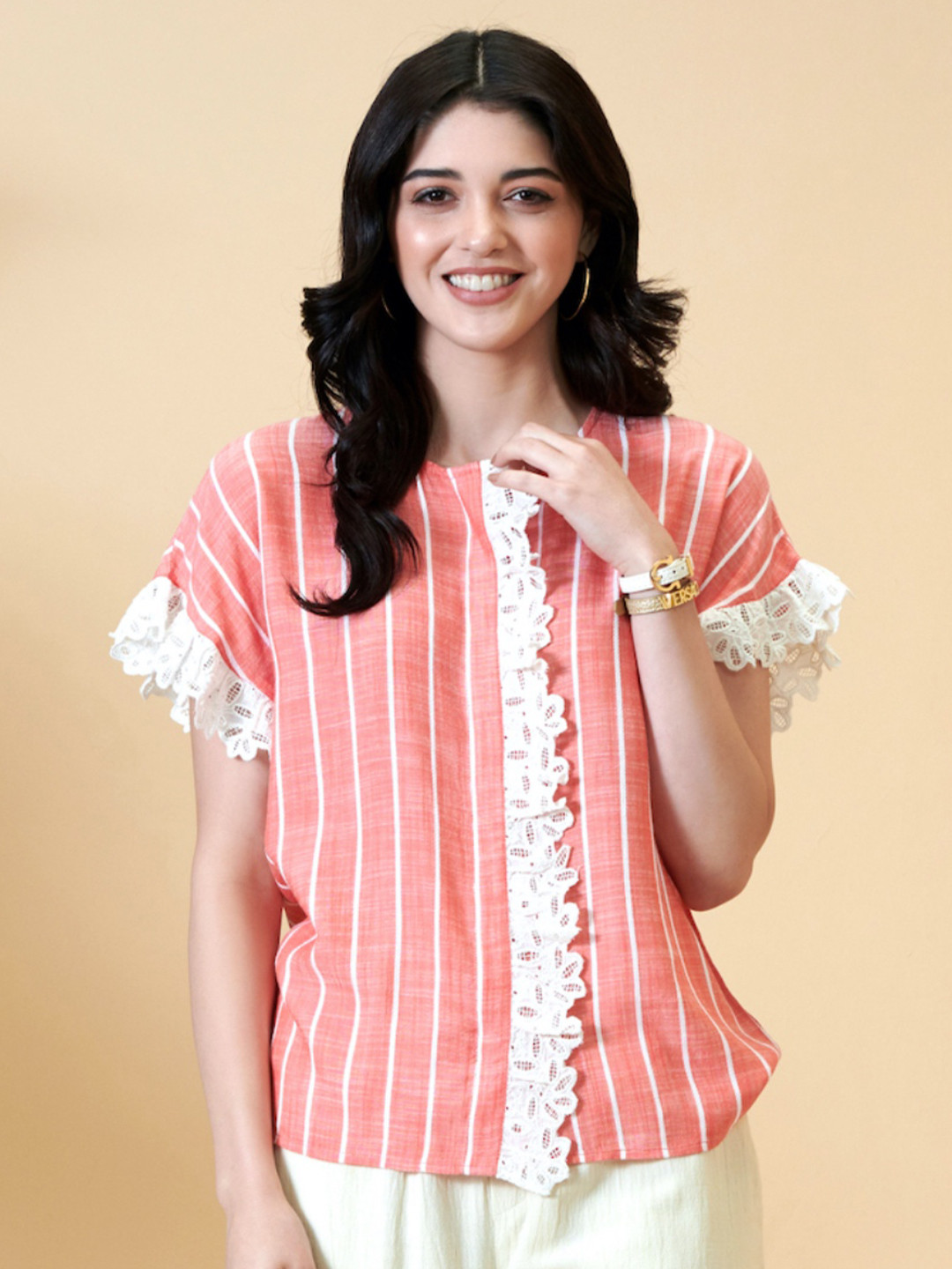 

Style Island Women Pink & White Striped Top