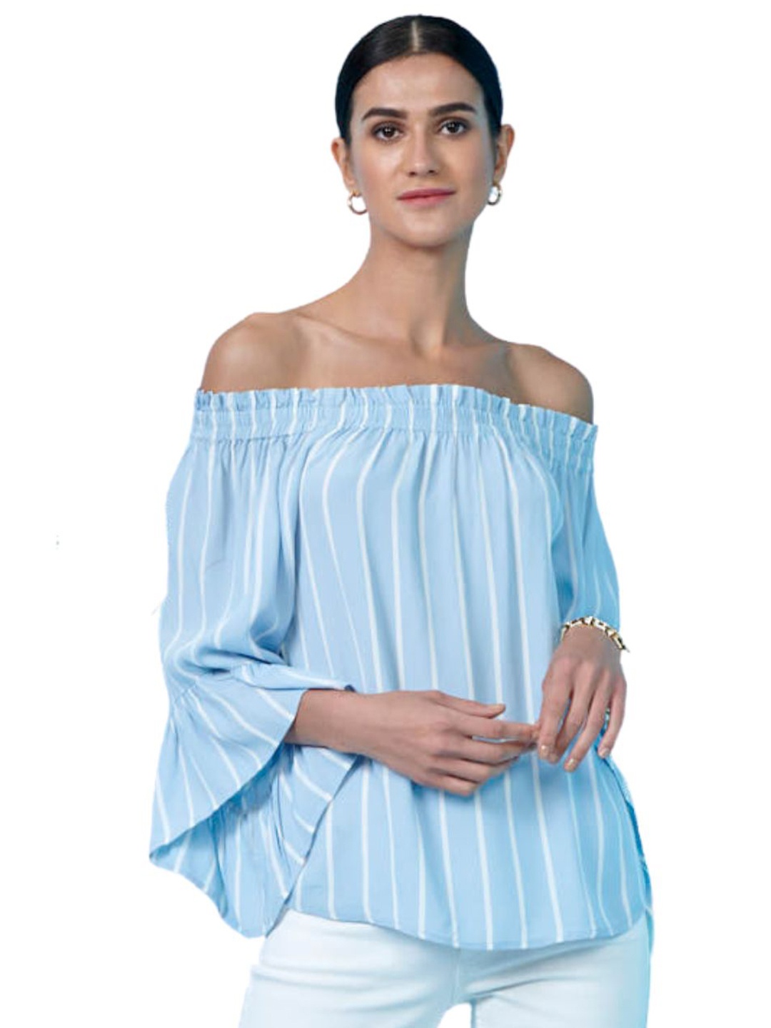 

Style Island Women Blue Striped Off-Shoulder Ruffles Bardot Top