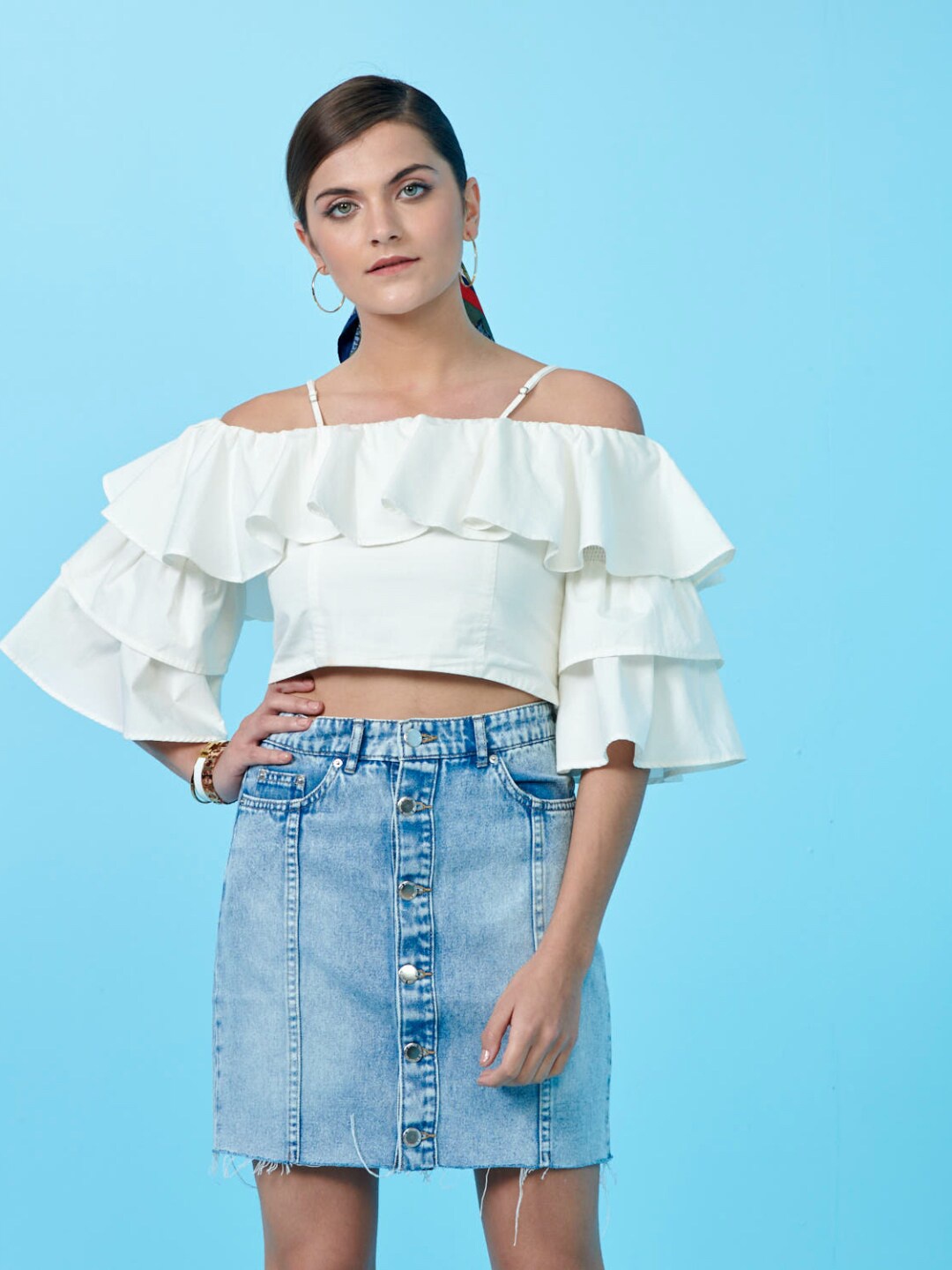 

Style Island Women White Ruffles Crop Top