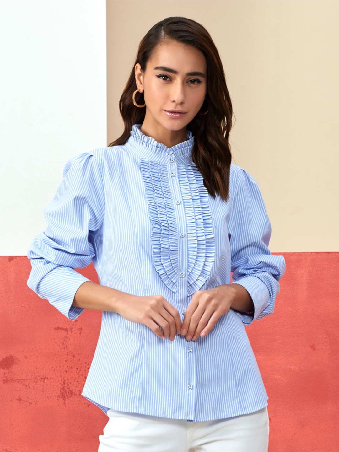 

Style Island Women Blue Striped Mandarin Collar Shirt Style Top