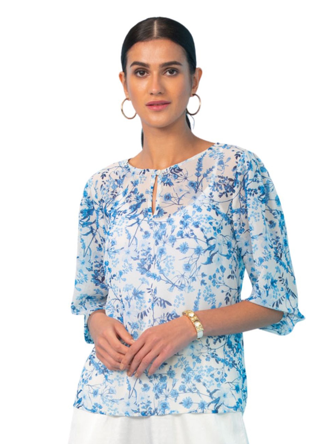 

Style Island Women White & Blue Floral Print Tie-Up Neck Top