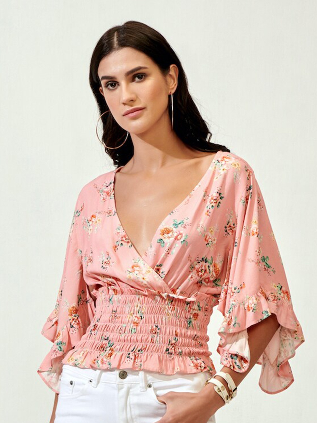 Style Island Women Pink & Green Floral Print Wrap Top