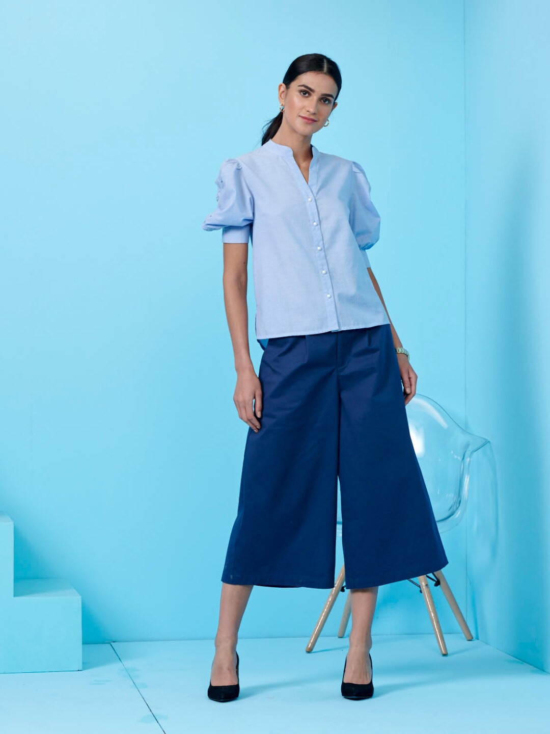 

Style Island Women Blue Mandarin Collar Top