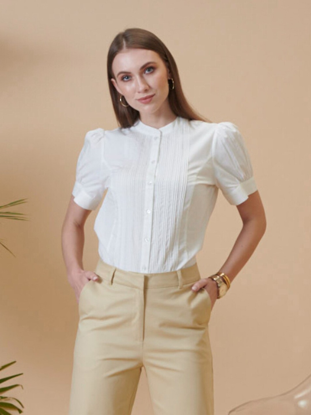 

Style Island White Mandarin Collar Shirt Style Top
