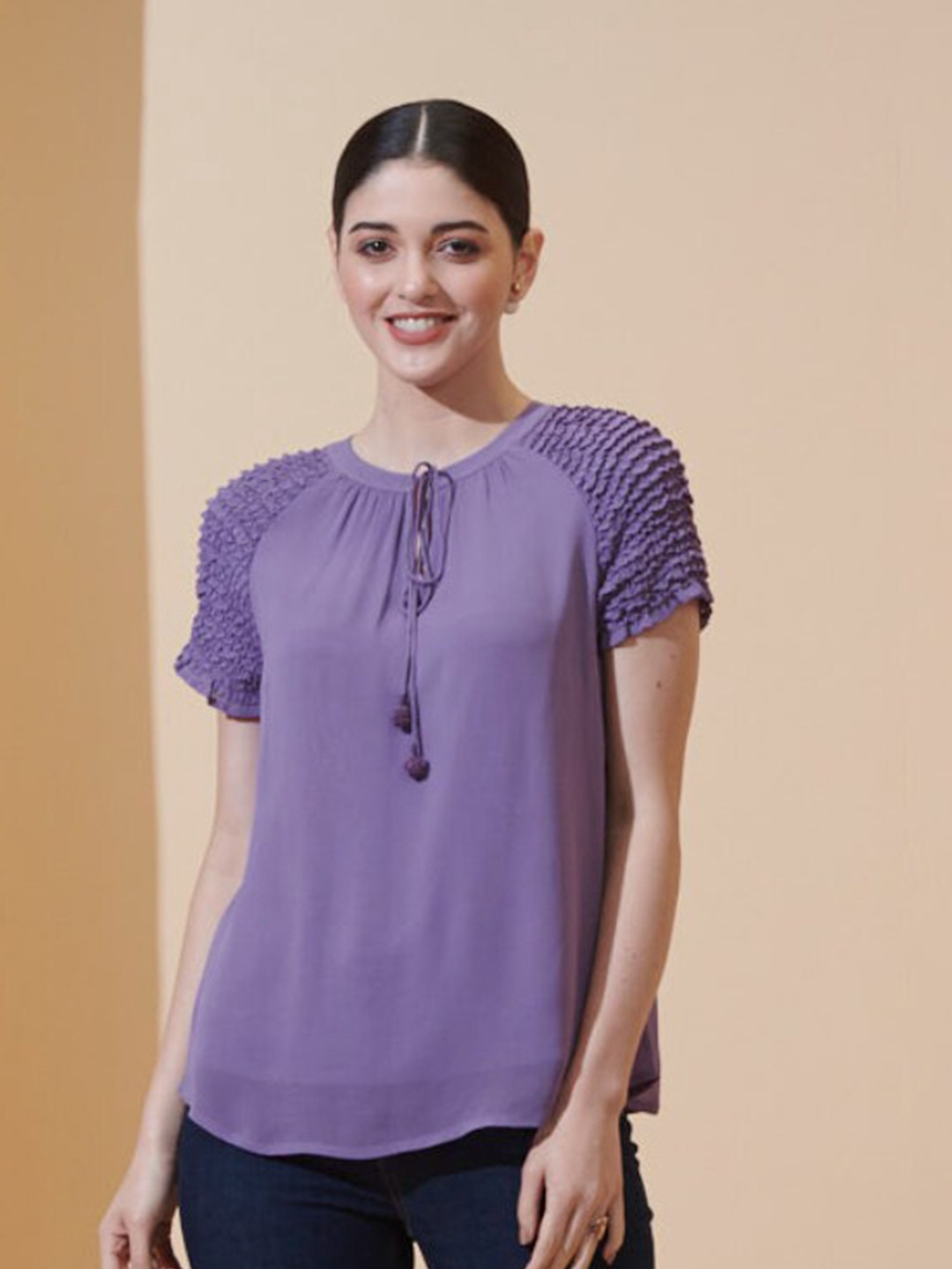 

Style Island Women Purple Tie-Up Neck Top