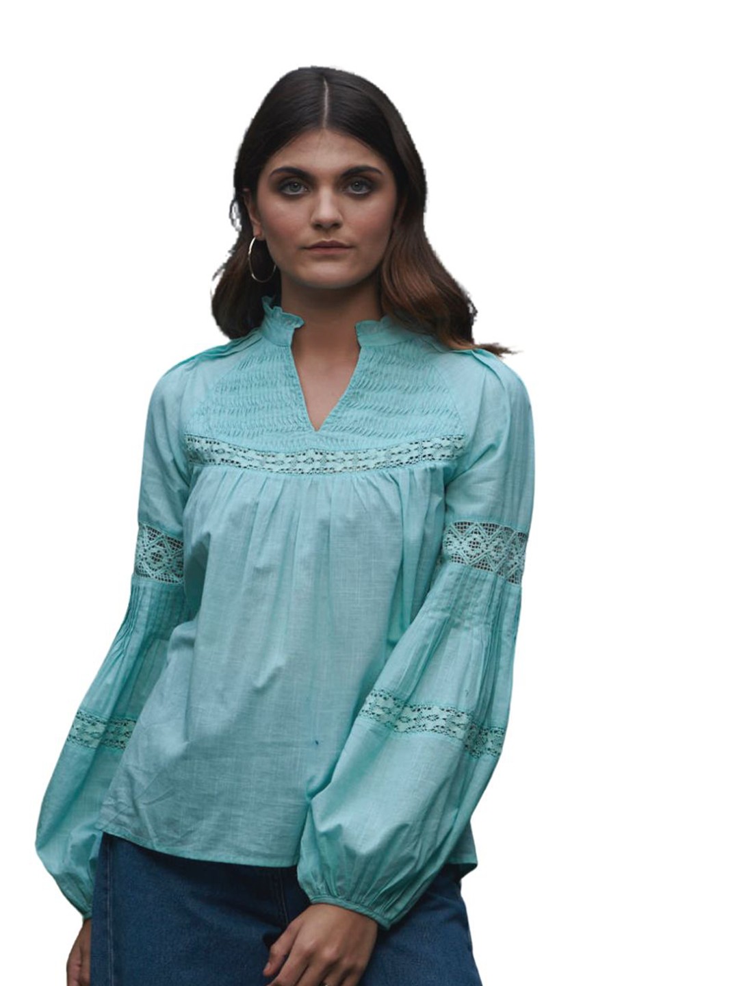 

Style Island Women Green Mandarin Collar Bishop Sleeves Top