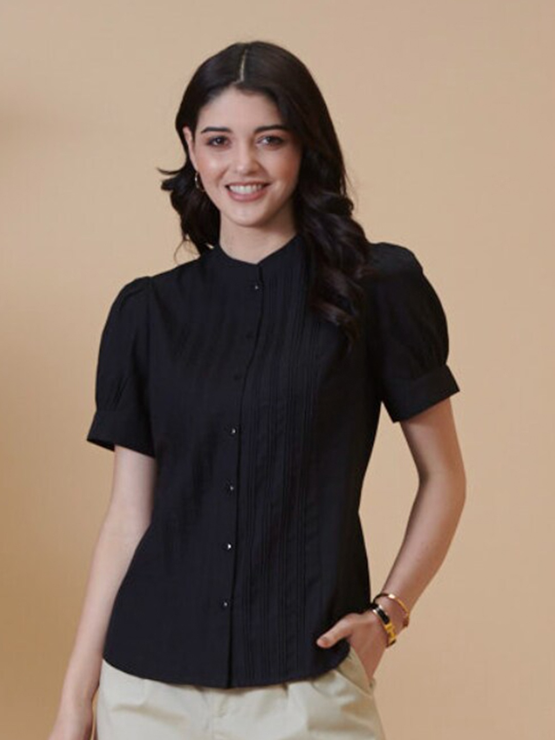 

Style Island Women Black Mandarin Collar Shirt Style Pure cotton Top