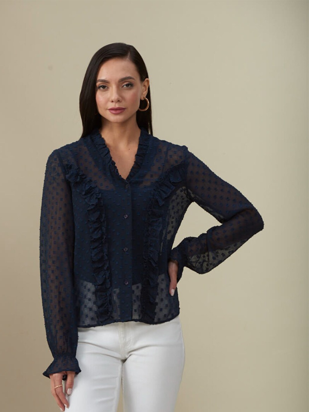 

Style Island Women Navy Blue Ruffles Shirt Style Top