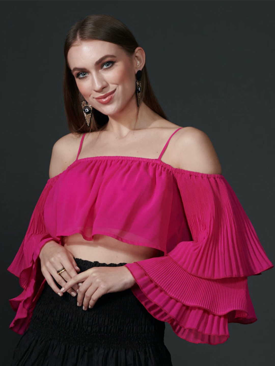 

Style Island Women Pink Ruffles Bardot Top