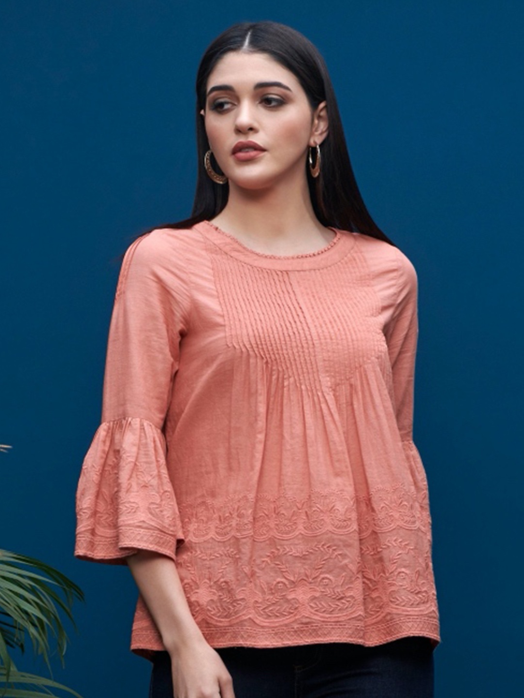 

Style Island Round Neck Embroidered Cotton Top, Peach