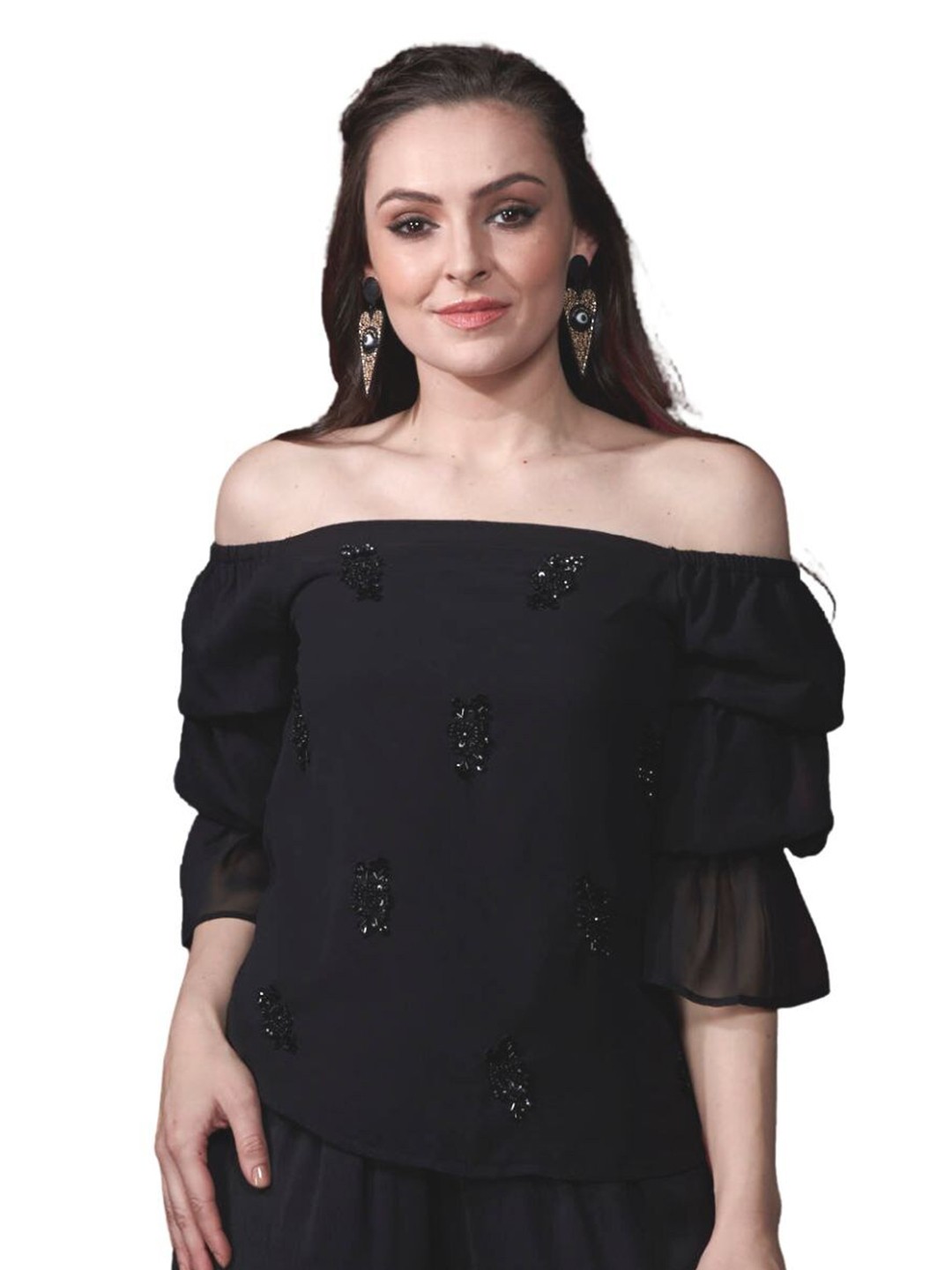 

Style Island Women Black Embellished Off-Shoulder Bardot Top