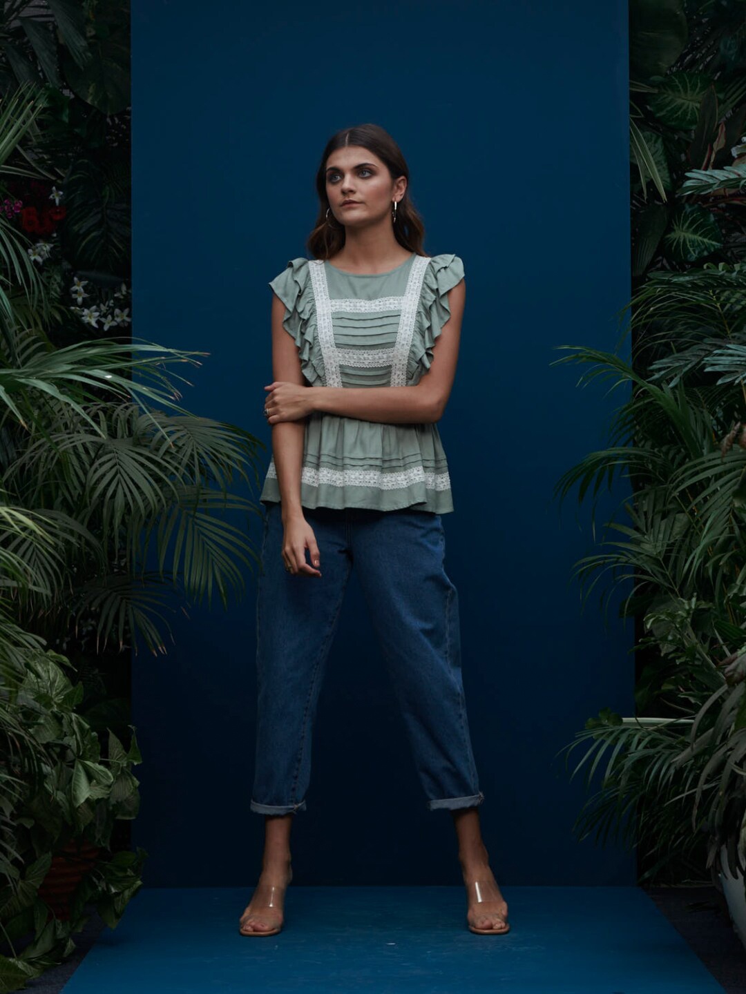 

Style Island Women Green & White Geometric Print Ruffles Top