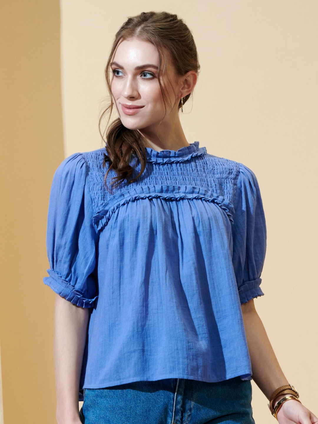 

Style Island Puff Sleeves Smoked Ruffles Top, Blue